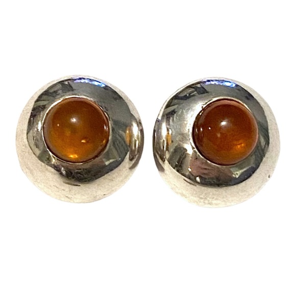 Vintage Sterling Silver Amber Modern Clip on Earrings 925 - Picture 1 of 3